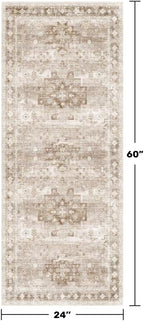 Hazo Haus Boho Bathroom Rug 2x5 Runner, Neutral Farmhouse Kitchen Rugs, Small Throw Runners for Laundry Room Bedroom, Vintage Floral Décor, Non-Slip Low-Pile Washable Stain Resistant Beige Latte - Image 2
