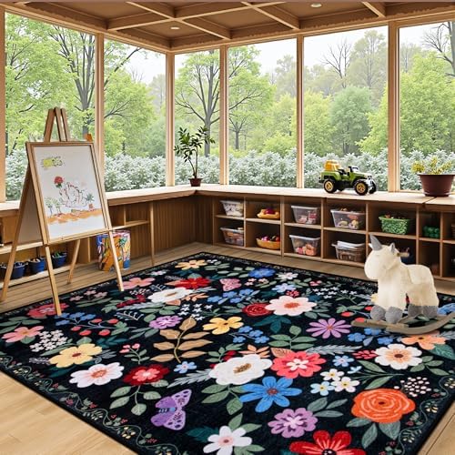 PLHXFR 6x9 Area Rug Living Room: Floral Washable Boho Soft Carpet Black - Image 5