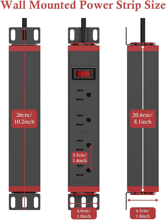 10 inch Rack Mount Power Strips PDU 4 Outlets with Surge Protection & Overload On Off Switch, 1U RackMount Power Strip with 6ft Cord for 10'' Mini Server Network Cabinets/Rack/Self, Black Red