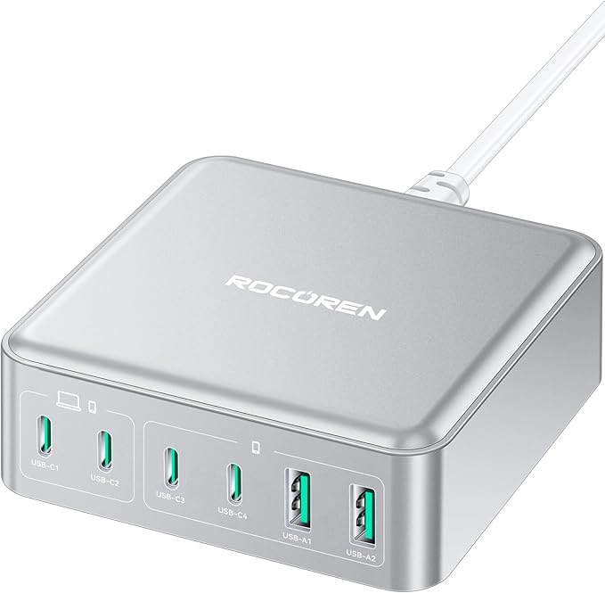 270W USB C Charger Block, Rocoren 6 Port Multi USB-C Charging Station,100W PD Fast USBC Gan Charger Station Hub Dock for Multiple Devices, Laptop Type C for MacBook/iPhone 17/iPad/Galaxy S25 (Sliver)