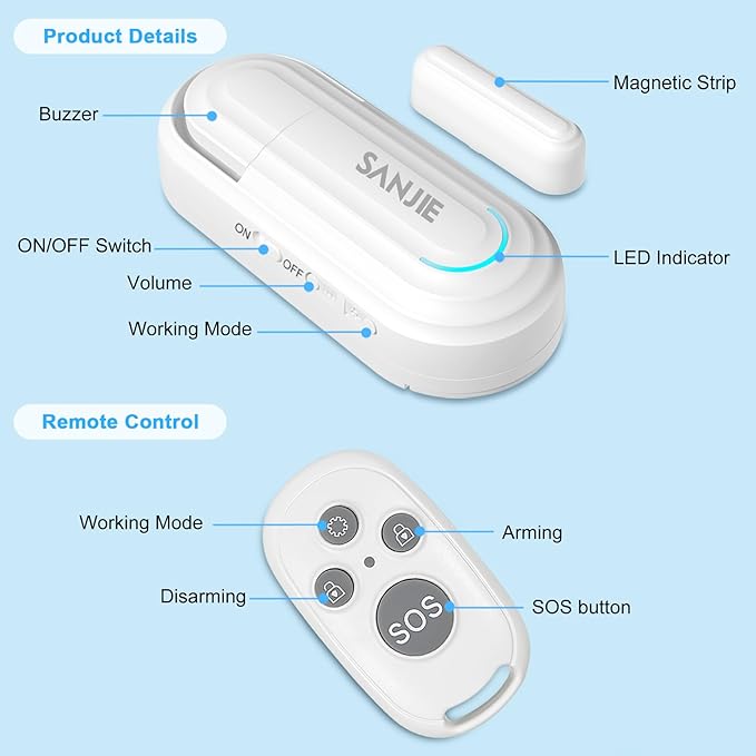Sanjie Pool Door Alarms for Kids Safety/Home Security/Dementia,Wireless Door Alarms When Opened,Window Alarm sensors,0-120dB Volume Adjustable,4 Working Modes,2 Sensors 1 Remote Control