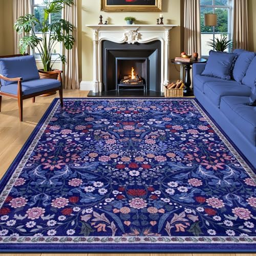PLHXFR Area Rug 9x12 Living Room: Floral Washable Boho Soft Carpet Blue by PLHXFRSoftAreaRugs