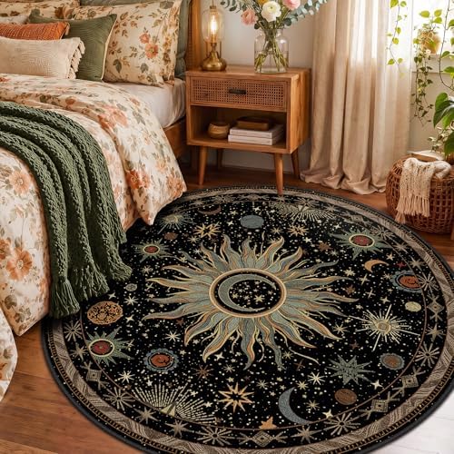 Vacuum-Friendly, Round 6ft Washable Area Rug, Black Green Blue - Image 2