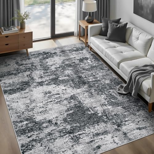 pmtsns Area Rugs 6x9 for Living Room: Washable Rug Modern Abstract Neutral Soft Non-Slip Low-Pile Indoor Carpet for Bedroom Dining Room Playroom Home Office (Black Grey, 6'x9') by pmtsns