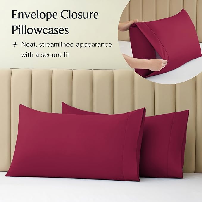 LuxClub 4 PC California King Sheet Set, Deep Pockets Wrinkle Free Cooling Bed Sheets Hotel Bedding for Women, Men, Includes 1 Fitted Sheet, 1 Flat Sheet and 2 Pillowcases-Burgundy