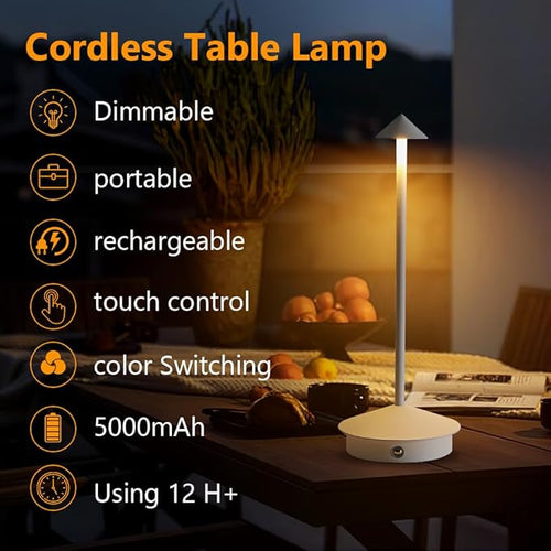 2 Pack LED Rechargeable Cordless Table Lamps,Portable Outdoor 5000mAh Battery Operated Table Light Touch Control 3 Color Dimmable for Patio/Cofee/Restaurant/Camping/Dining/Bedroom-White