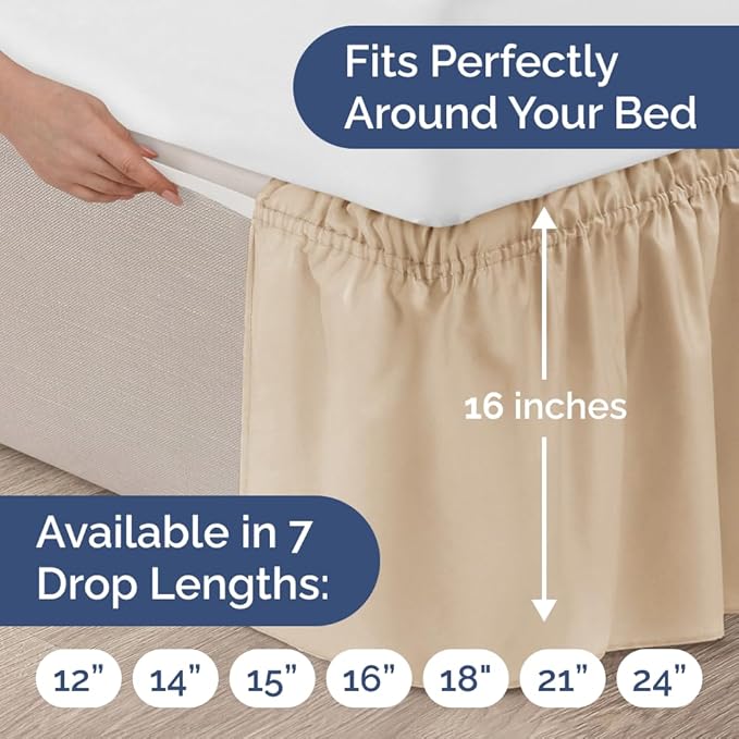Wrap Around Dust Ruffle Bed Skirt - Cream - for Twin Size Beds w/ 16 Inch Drop - Easy Fit Elastic Strap - Adjustable Pleated Bedskirt w/Brushed Fabric, Wrinkle & Fade Free Women, Men, Kids & Teens