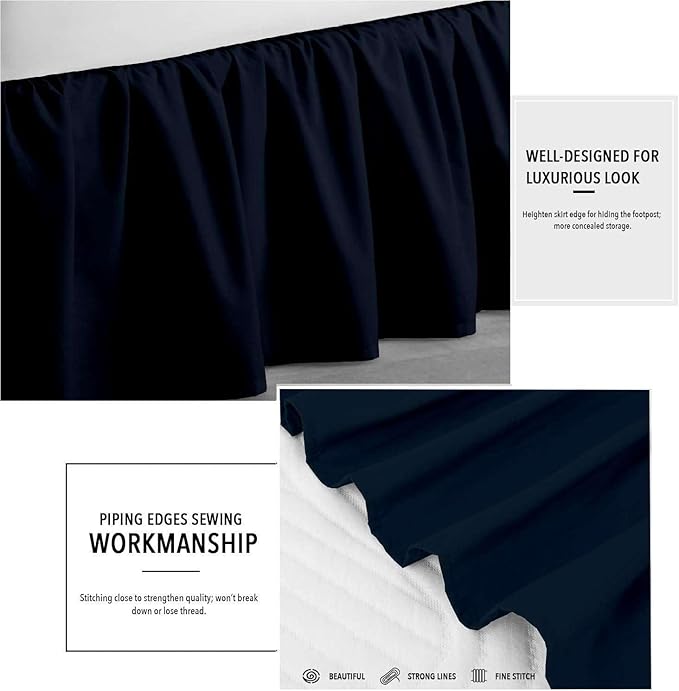 Navy Blue Solid Ruffled Bed Skirt Queen-XL-22 Inch Drop Split Corner, Microfiber Bedskirt with Platform Three Sided Coverage