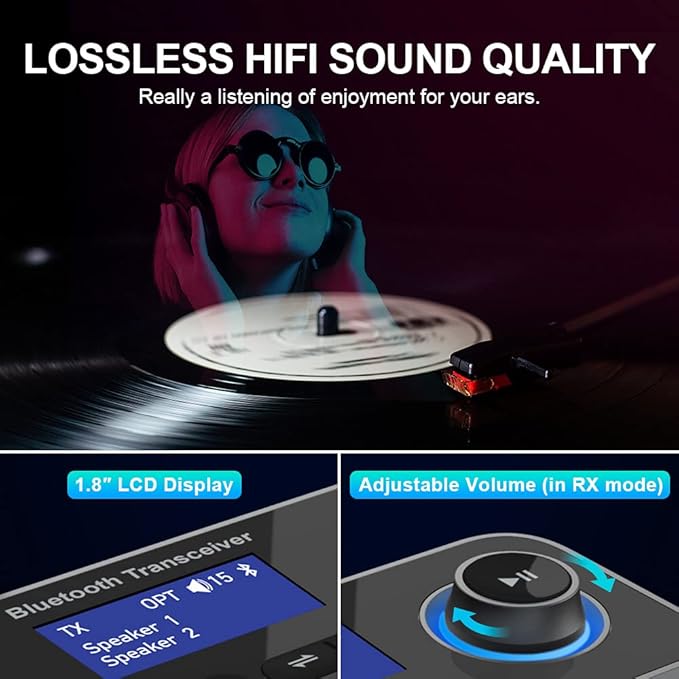 ifofo Bluetooth Transmitter Receiver 3-in-1 Bluetooth 5.0 Audio Adapter for 2 Headphones With Bypass Volume Control Low Latency Long Range LCD Display ON/OFF Optical AUX RCA for TV Home Stereo Speaker