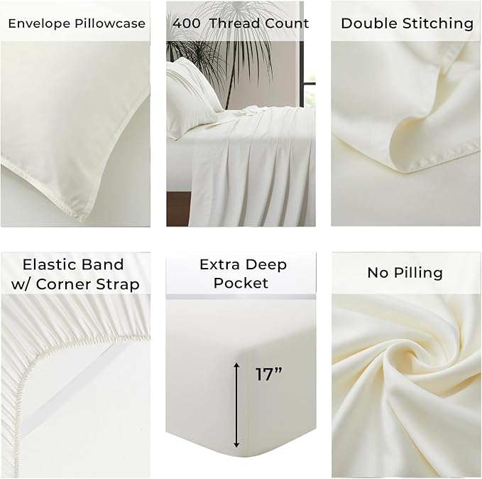 Luxury Bamboo Market | Queen Size Bed Sheet Set | 100% Viscose Made from Bamboo | Organically Grown | Ultra Soft | Cooling Sheets for Hot Sleepers | 17" Deep Pocket [Opulent Ivory]