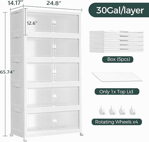600QT Extra Large Stackable Storage Bins with Lid, 150Gal Collapsible Storage Box with Wheels and Doors, Plastic Closet Organizer and Storage Cabinet for Home Kitchen Office Dorm, 5Pack White