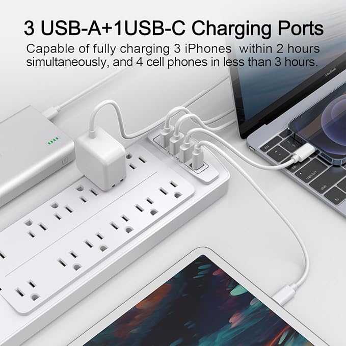Power Strip, ALESTOR Surge Protector with 12 Outlets and 4 USB Ports(1 USB C Port), 10 Feet Extension Cord (1875W/15A), 2700 Joules, ETL Listed, White