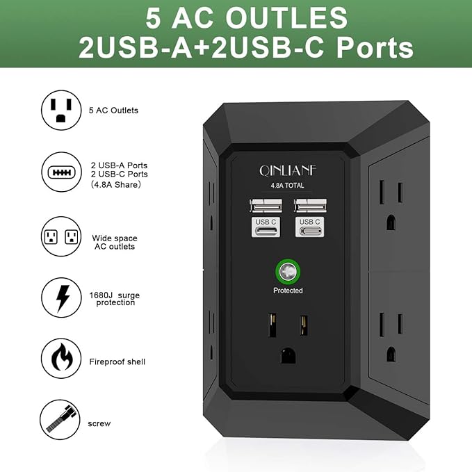 USB Wall Charger, Surge Protector, QINLIANF 5 Outlet Extender with 4 USB Charging Ports (4.8A Total) 3-Sided 1680J Power Strip Multi Plug Outlets Wall Adapter Spaced for Home Travel Office(2U2C),Black