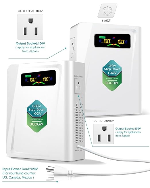 ZHENGXI Step Down Transformer 120v to 100v Voltage Converter 3000W, No Noise, Ten Protection Functions, Using Japan Appliances in US