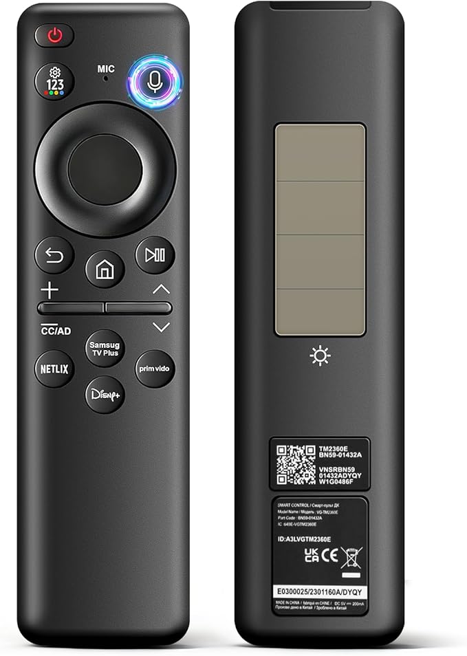 BN59-01432A TM2360E Rechargeable Voice Remote for Samsung Smart TVs, Replacement for All 2021–2025 Samsung TV Remote Control with Solar Charging and Voice Search