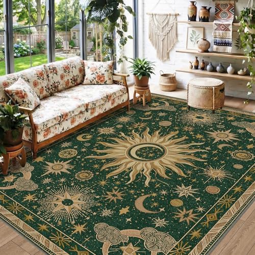 Vacuum-Friendly, 5x7 Washable Area Rug, Green Gold Yellow - Image 2