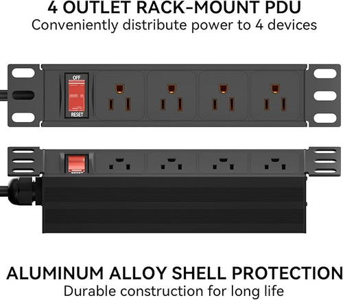 10" Rack PDU- 1U (4Outlets) 10-inch Mini Rack Power Distribution Unit with Protection (125V/15A 6ft Cable), Network Cabinet Rack Mount Power Strip (Wall, Desktop, or Server Rack Mountable)