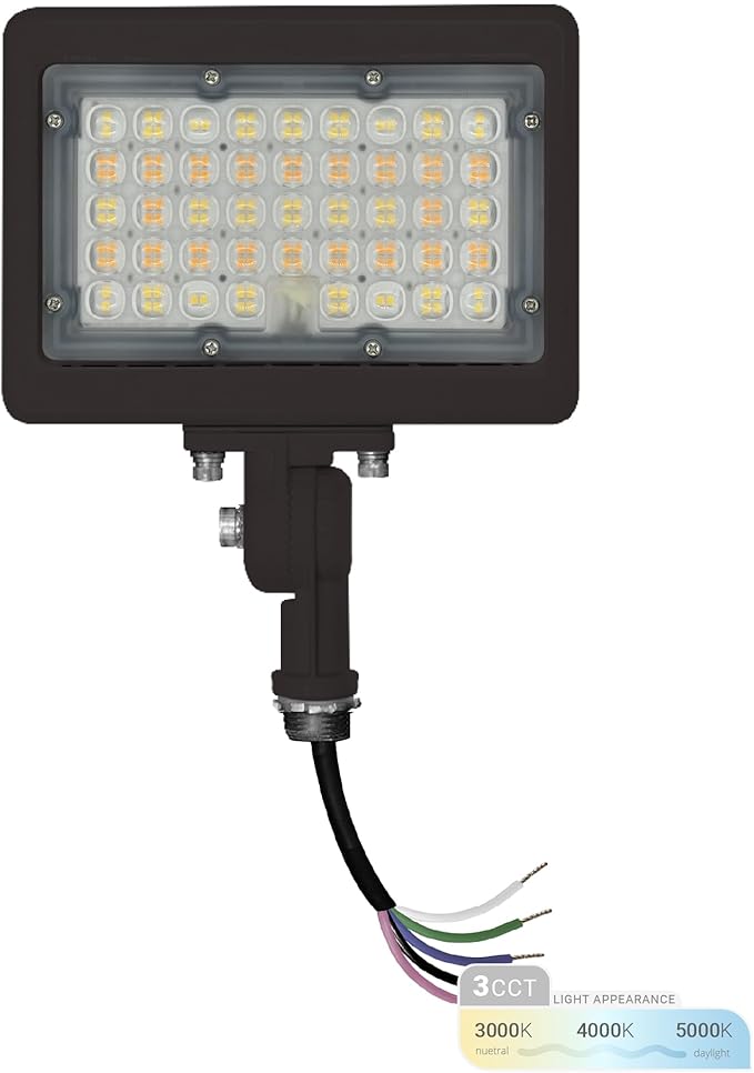 NUWATT 50W LED Flood Light, 3CCT 3000K/4000K/5000K Selectable, IP65 Waterproof Lighting, Adjustable Knuckle Mount, 7050LM, 0-10V Dimmable, 120-277V, Outdoor Security Floodlight for Yard, Bronze, UL