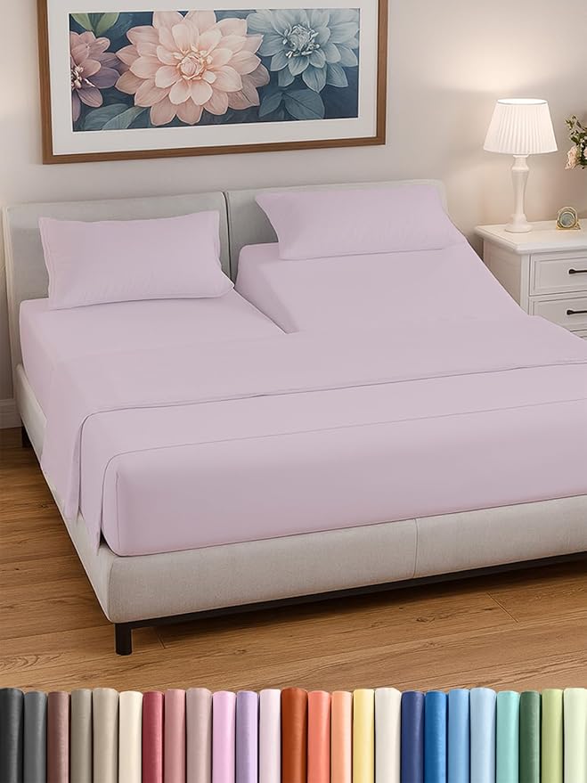 Split Head King Sheet Set – 4 Piece Flex Split Top King Sheets for Adjustable Beds - Fits 14” to 16" Mattress w/ Deep Pockets - Breathable & Cooling - Luxury Bedding and Wrinkle Free - Light Lavender