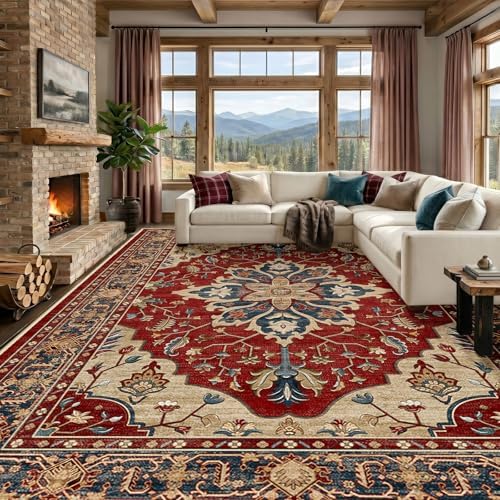 RELEANY Washable Area Rug, Large 10'x14', Red/Blue by RELEANY