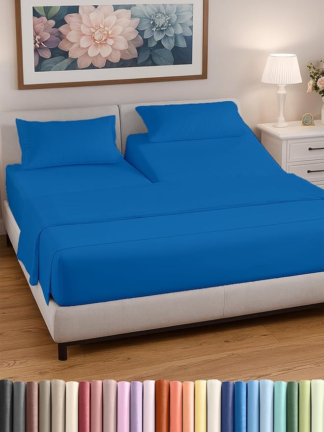 Split Head King Sheet Set – 4 Piece Flex Split Top King Sheets for Adjustable Beds - Fits 14” to 16" Mattress w/ Deep Pockets - Soft, Breathable & Cooling - Luxury Bedding & Wrinkle Free - Royal Blue