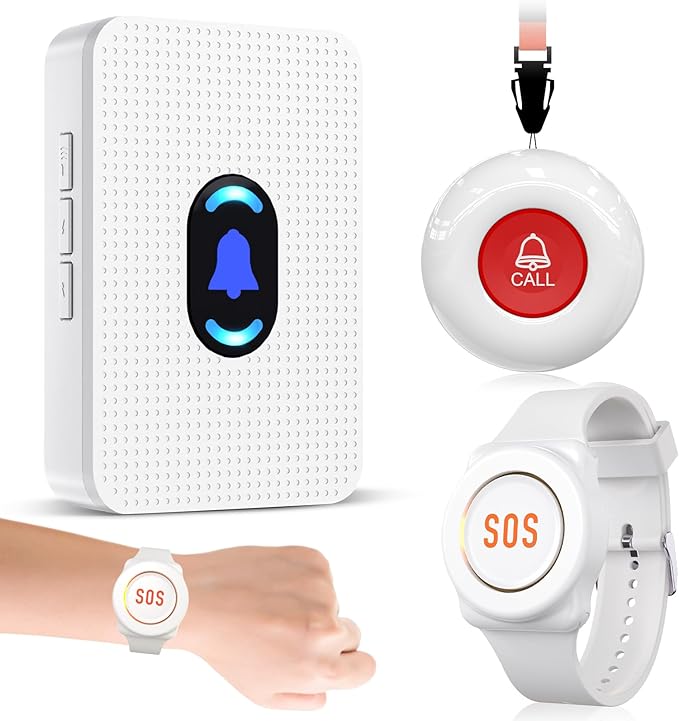 Daytech Wireless Caregiver Pager Wrist Call Button Personal Help Alert Pager System for Home Nurses Caregivers Patients Elderly 2 Waterproof Transmitters 1 Plugin Receiver