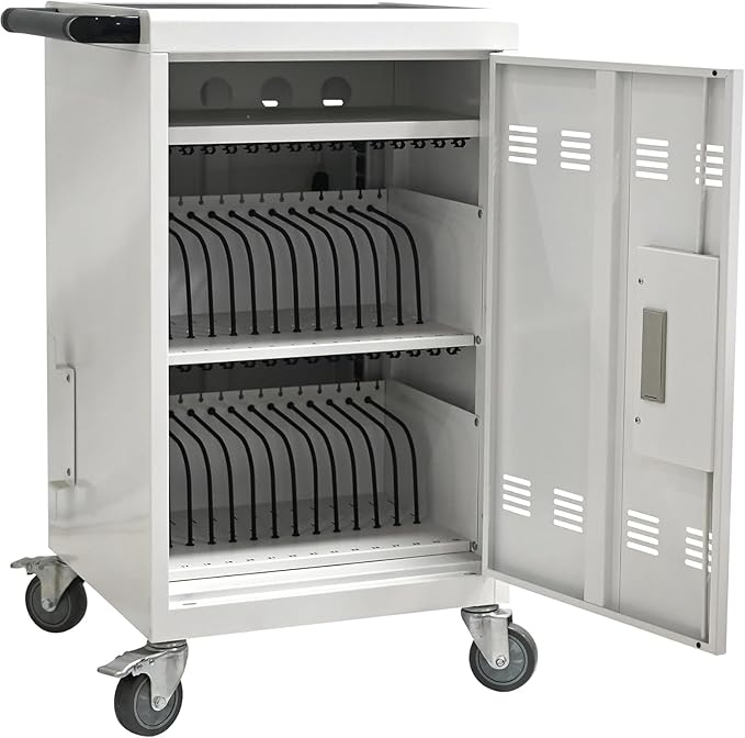 Aokleo 32 Devices Laptop Charging Cart with Password Lock,Tablet Storage Carts for Pad Up to 16.3" Screen,Classroom Computer Mobile Charging Station for Pads,Chromebooks,Laptops(White - Password Lock)