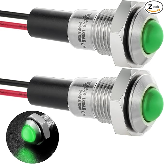 ZGSZJHF UL Listed Mini Indicator Light 8mm 0.31" Waterproof Domed Metal Stainless Steel Signal Lamp 12V-24V DC/AC Red and Green LED Light with 140mm Wire