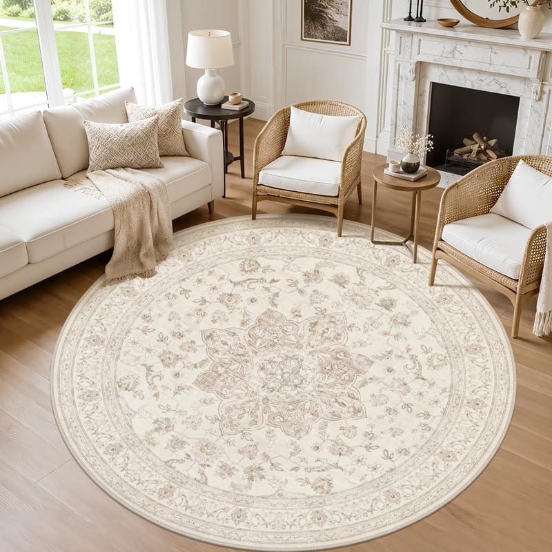Round Area Rug Living Room: 6ft Washable Carpet Beige White by Luxturiy