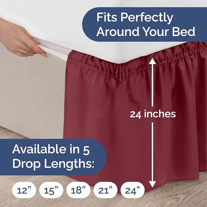 Wrap Around Dust Ruffle Bed Skirt - Burgundy - for King Size Beds with 24 Inch Drop - Easy Fit Elastic Strap - Adjustable Pleated Bedskirt w/Brushed Fabric Wrinkle Free - for Women, Men, Kids & Teens
