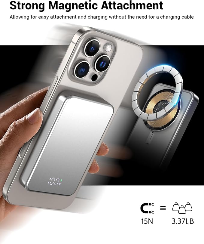 POAQCIF for Magsafe Portable Charger, Aluminum Alloy Small 10000mAh 20W PD Magnetic Power Bank, USB-C in&Out Wireless Battery Pack Phone Charger for iPhone 16/15/14/13/12 Plus Pro Max Series -Silvery