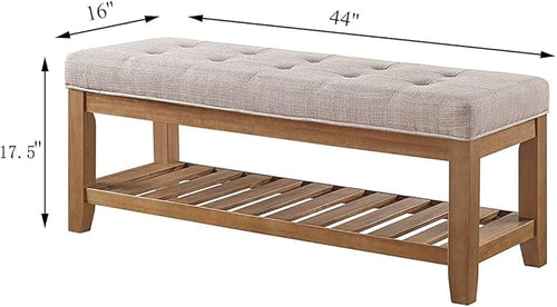 24KF Large Rectangular Upholstered Tufted Linen Fabric Ottoman Bench, Padded Bench with Solid Wood Shelf-Linen
