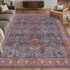 Washable Area Rug 5' x 7' Vintage Traditional Persian Mat - Foldable Distressed Non-Slip Machine Washable Carpet for Living Room Bedroom Kitchen Home Decor - Indigo and Crimson by Unknown