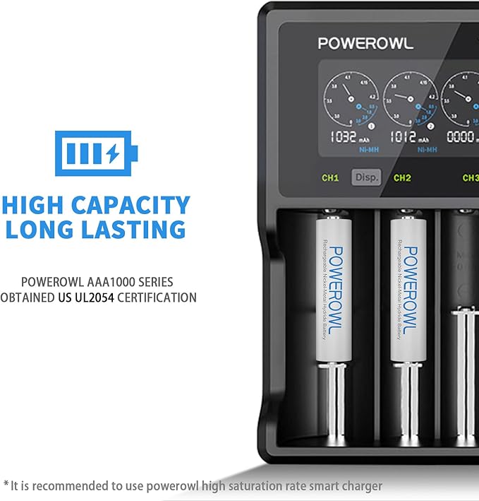 POWEROWL AAA Rechargeable Batteries 16 Pack w/Charger, High Capacity Rechargeable AAA Batteries 1000mAh 1.2V NiMH Low Self Discharge