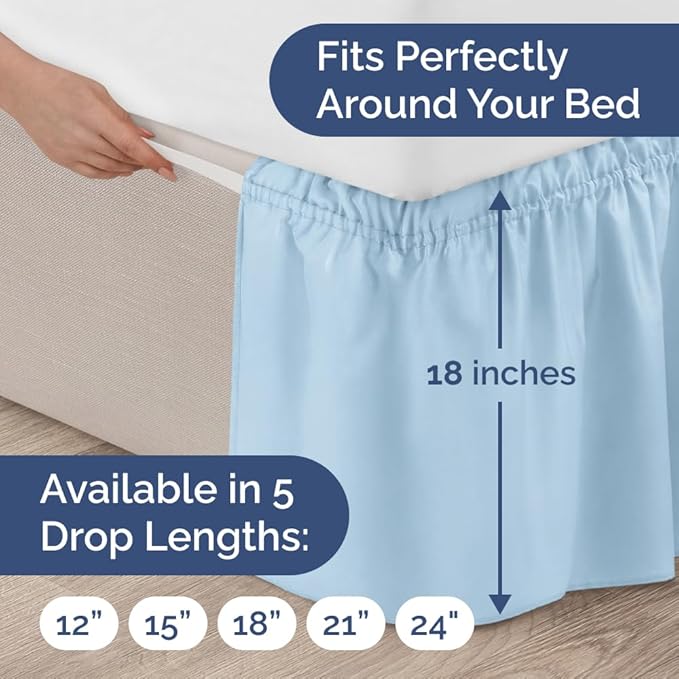 Wrap Around Dust Ruffle Bed Skirt - Light Blue - Twin/Twin XL Size Beds with 18 Inch Drop - Elastic Strap - Adjustable Pleated Bedskirt with Brushed Fabric and Wrinkle Free - Women, Men, Kids & Teens