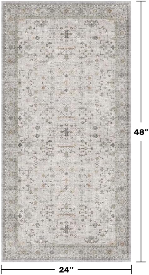 Boho Bathroom Rug 2x4 - Washable Low Pile Area Rugs for Entryway Door Mat Indoor Entrance, Soft Small Throw Kitchen Carpet, Modern Vintage Light Gray & Sage Eclectic Geometric Floral Décor - Image 2