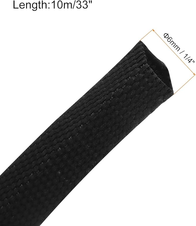 MECCANIXITY Braided Cable Sleeves Heat Shrinkable Fabric Sleeving, 1/4" 33ft Black 2:1 Ratio Heat Shrinkable Cord Protector for Harness Cable, Network Cable Protection, Cable Management