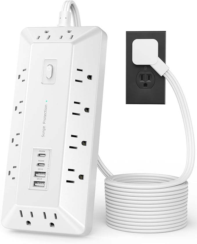 Inhwatek Surge Protector Power Strip with USB Ports (PD 20W), 6 Ft Extension Cord with Multiple Outlets, Flat Plug Outlet Extender for Home, Office, Dorm Room