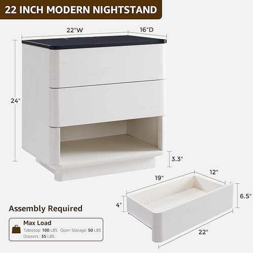 ACCOHOHO Nightstand with Charging Station, 22" Push-to-Open Bedside Table with 2 Storage Drawers, Large Modern End Table for Bedroom,Living Room,White