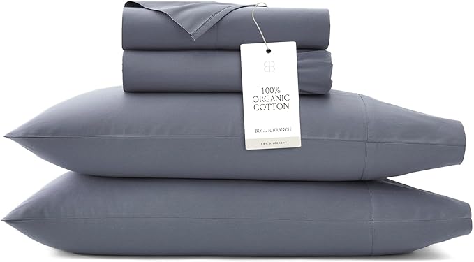 BOLL & BRANCH Signature Hemmed Sheet Set - King, Mineral - Luxury 100% Organic Cotton - Includes 1 Flat, 1 Fitted, 2 Pillowcases - Buttery Soft