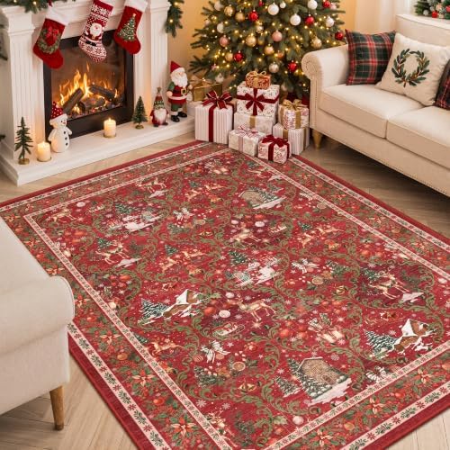 5x7 Area Rugs, Christmas Rugs for Living Room,Washable Rug,Red by Restydon