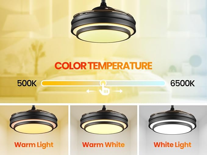 42 Inch Black Modern Ceiling Fan with Lights and APP Control,Retractable Fandelier Celing Fan with Light, 6 Speed,Light Dimmable Memory,Silent Reversible Motor for Bedroom Kitchen Living Room
