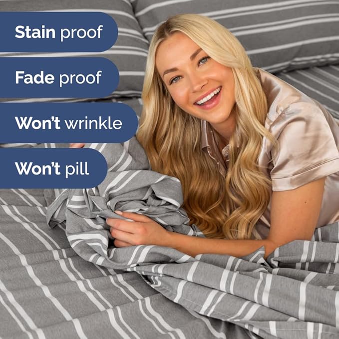 RV Short Queen Sheet Set 60 X 75 - 4 Piece RV Short Queen Bed Sheets - Soft, Breathable & Cooling - Designed for Bunks, Trailers & Campers - Fits 8” to 12" Mattress - Luxury Bedding - Grey Stripes 3