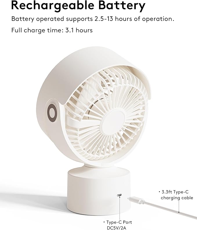 CARONSORT Small Desk Oscillating Fan, Table Air Circulator Fans for Bedroom, Rechargeable Battery Operated with 3 Speeds, Mini Fan 9 Inches, 90° Adjustable Tilt, 30 db Low Noise, White