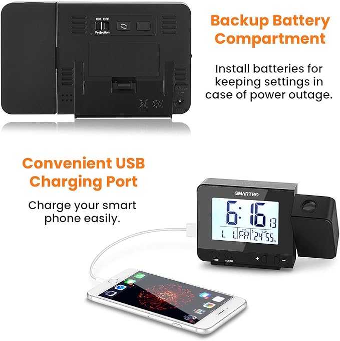 SMARTRO Digital Projection Alarm Clock for Bedrooms with Indoor Thermometer Hygrometer, USB Charger, Bedside Projector, Travel, AC and Battery Operated