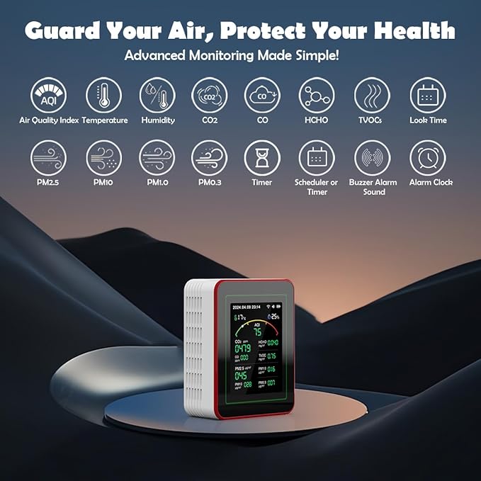 Professional 15-in-1 Air Quality Monitor with Smartphone APP - Dual Chip - Sensors Detect CO2, PM2.5/PM10, HCHO, TVOC | Real-Time Alerts & Custom Thresholds | for Home, Car, Office, Plants, Pets