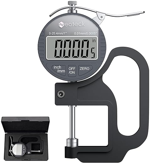 Neoteck Digital Thickness Gauge 1inch/25.4mm,0.0005inch/0.01mm LCD Display with Inch/MM Conversion One-Hand Quick Press Thickness Measuring Tool for Leather Paper Fabric Film etc.-Silver-Grey