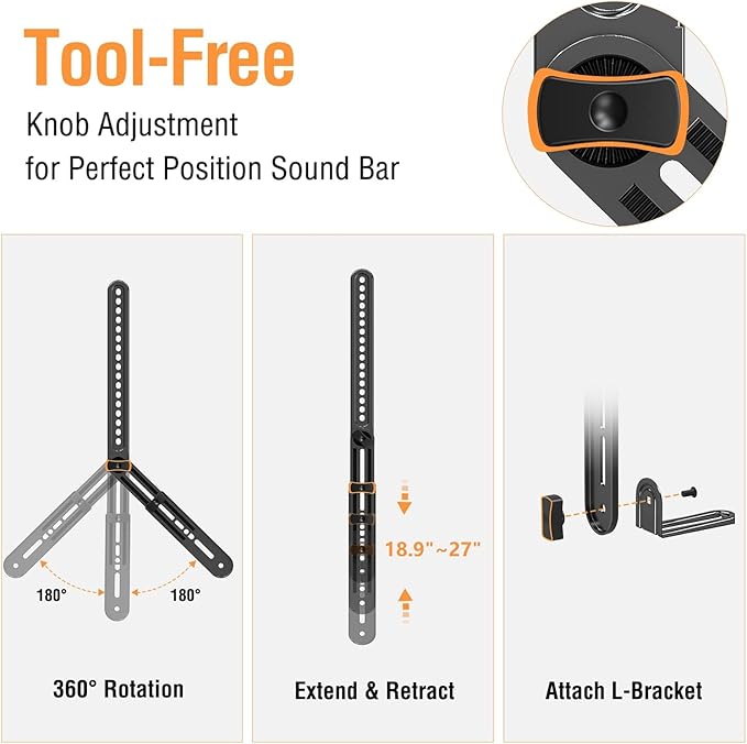 ELIVED Soundbar Mount, Sound Bar TV Bracket, for Mounting Above or Under TV, Fits Most Sound Bars Up to 15 Lbs, Tool-Free Knob Adjustable, for 23-90" tvs with Detachable Extension Arms and L-Brackets