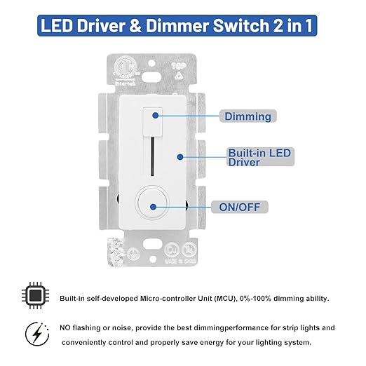 Dimmer Switch and LED Driver Single Integrated Unit, 120V AC to 24V DC, 60Watt Wall Dimmer Switch, Driver and dimmer Switch 2 in 1, for Most Single Color 24V LED Strip Light, 1 Pack