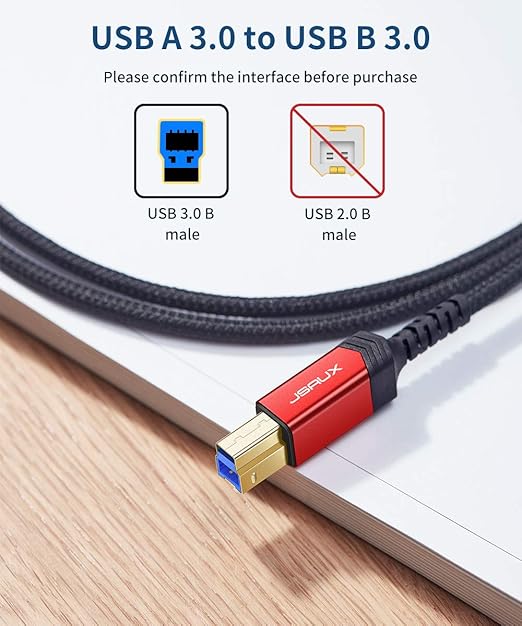 JSAUX USB 3.0 Printer Cable, Type A Male to B 3.0 Male (3.3ft/1M) USB 3.0 Type B Upstream Cord Nylon Braided Compatible with Docking Station, External Hard Drivers, Scanner, Printer and More(Black)